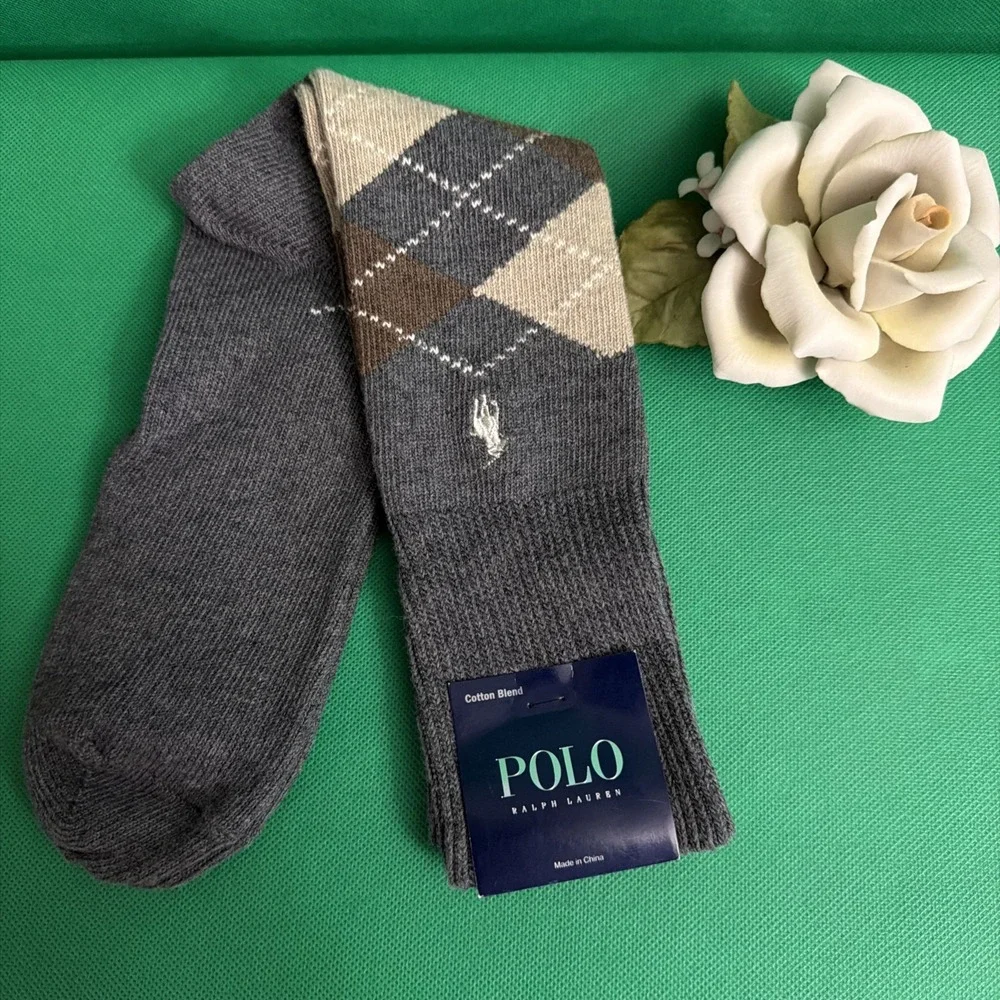 New POLO Ralph Lauren Dark Gray Cotton  ARGYLE Trouser Crew SOCKS #8116 6-12.5